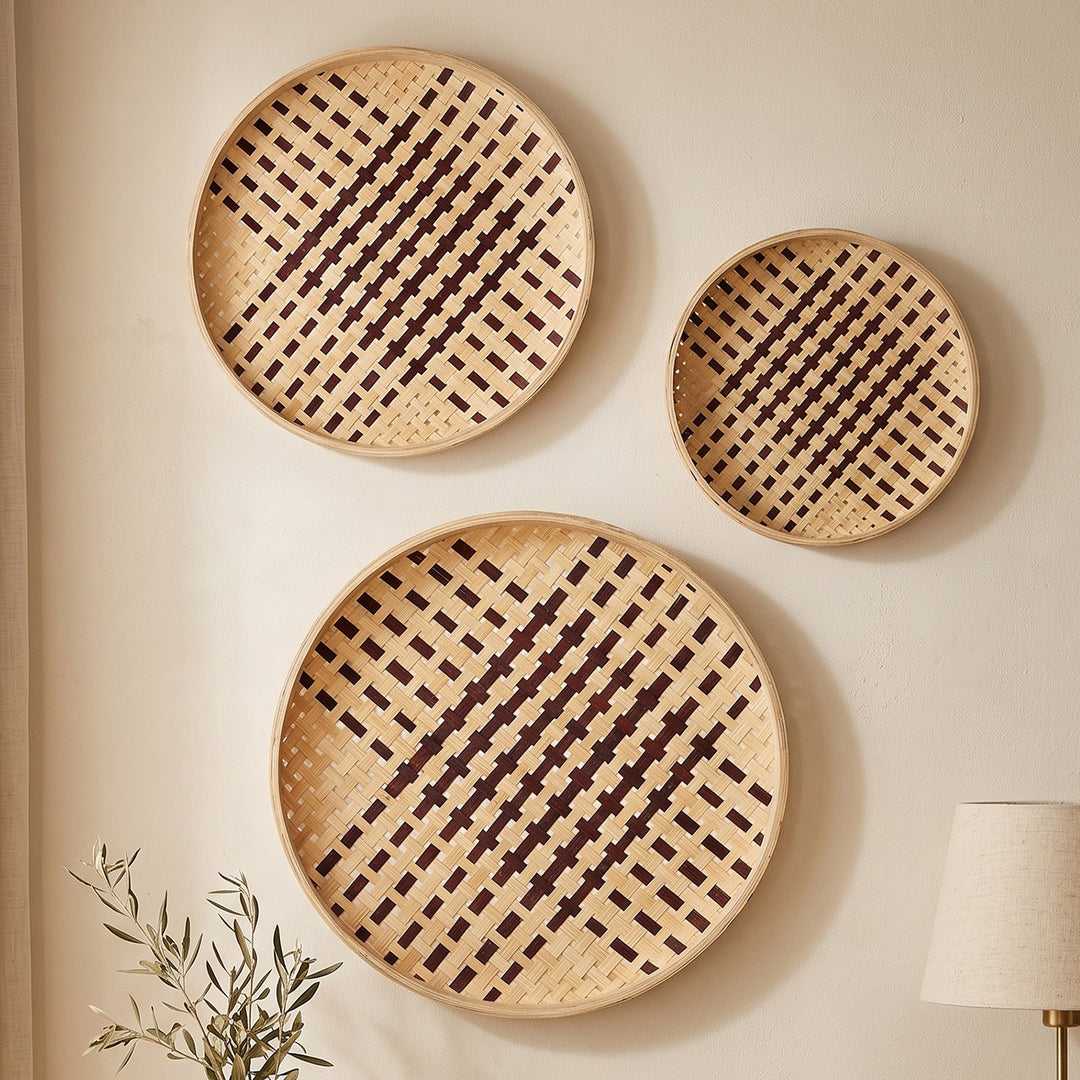 Set of 3 | "Rilo" Handcrafted Woven Bamboo Wall Plate With Lacquered Finish For Festive Decor