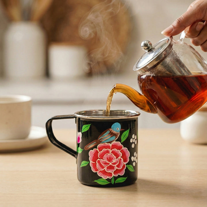 Hand-Painted Black Bird & Floral Kashmiri Art Stainless Steel Mug