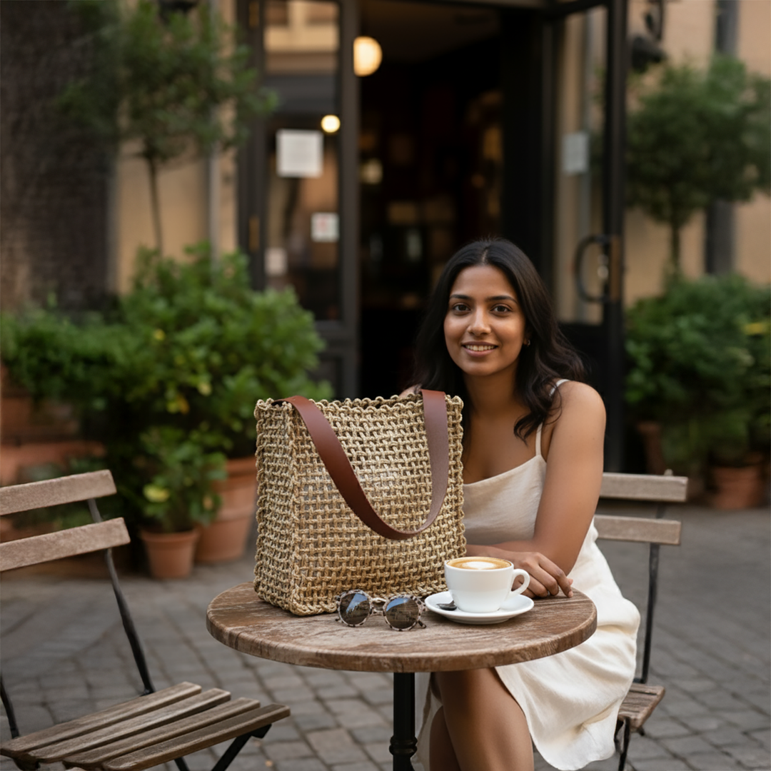 Handmade Grass Woven Box Shaped Leather Strap Golden Sabai Mesh Tote Bag