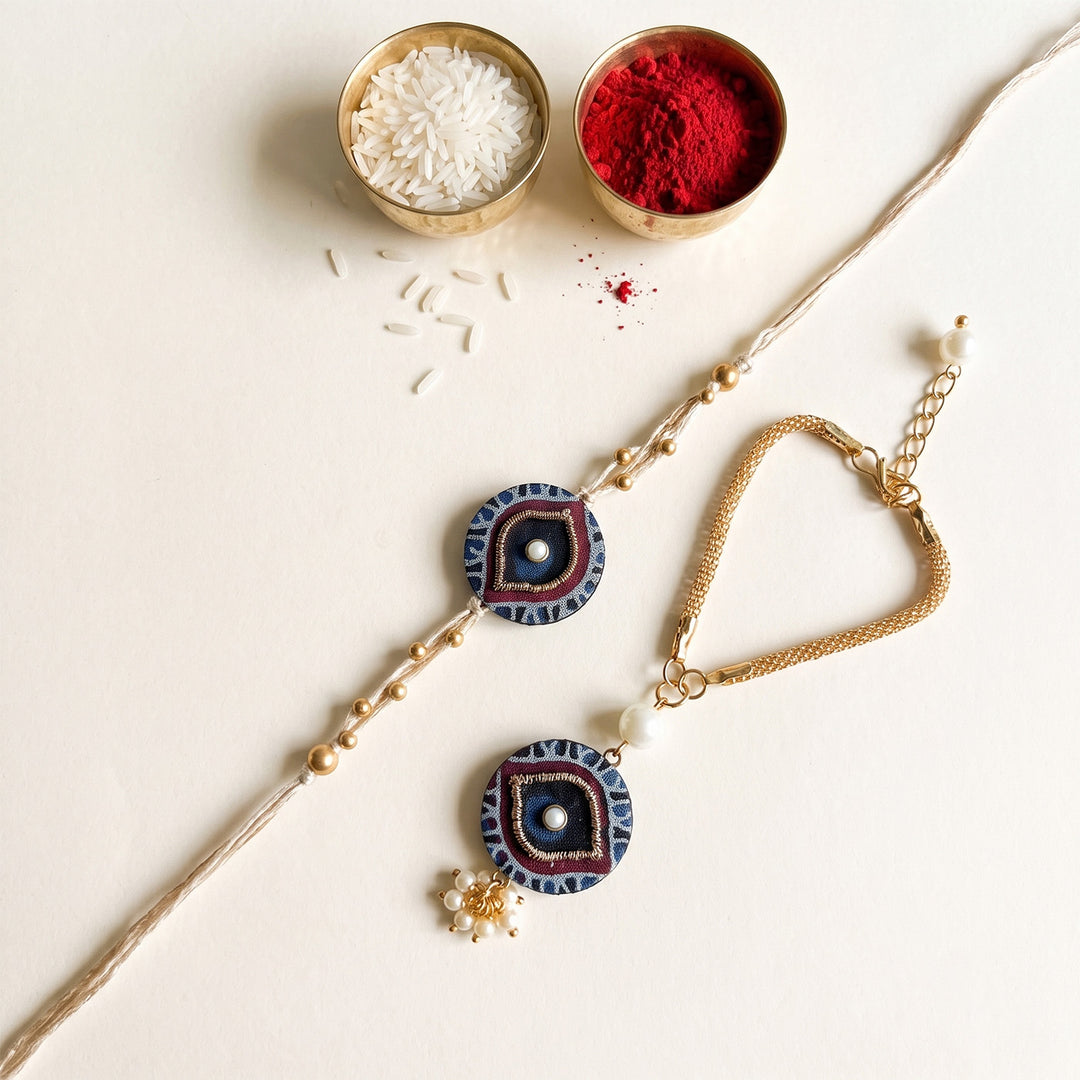 Drishti Evil Eye Ajrakh Block Print Rakhi & Lumba Set With Roli Chawal For Bhaiya Bhabhi | Set of 2