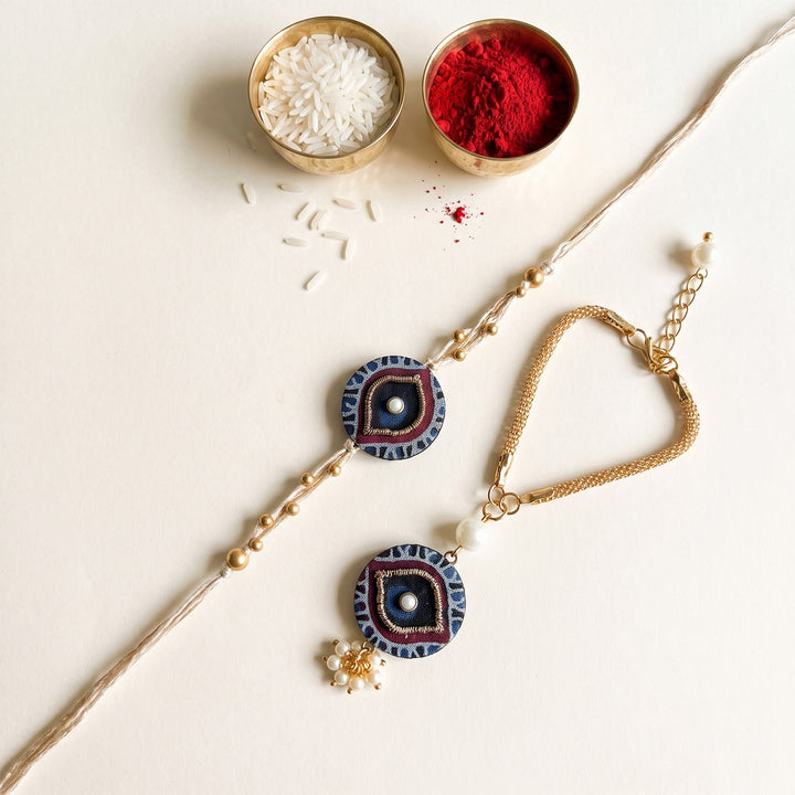 Drishti Evil Eye Ajrakh Block Print Rakhi & Lumba Set With Roli Chawal For Bhaiya Bhabhi | Set of 2