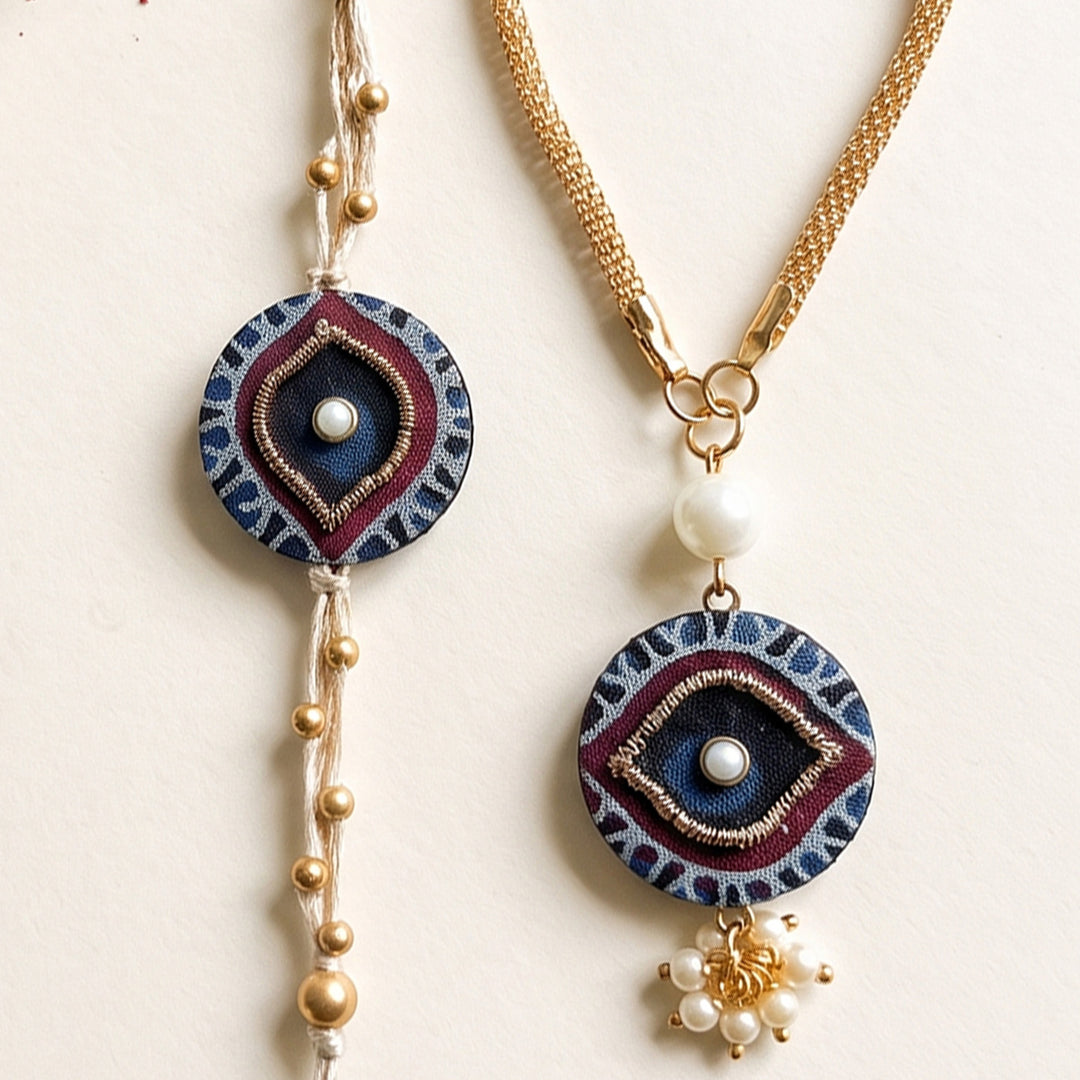 Drishti Evil Eye Ajrakh Block Print Rakhi & Lumba Set With Roli Chawal For Bhaiya Bhabhi | Set of 2