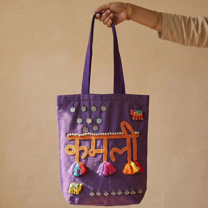 Hand-Embroidered Dori Work Purple Kamli Tote Bag