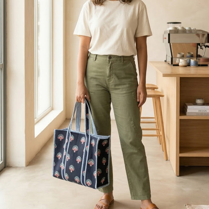 Handmade Fanfare Indigo Cotton Tote Bag