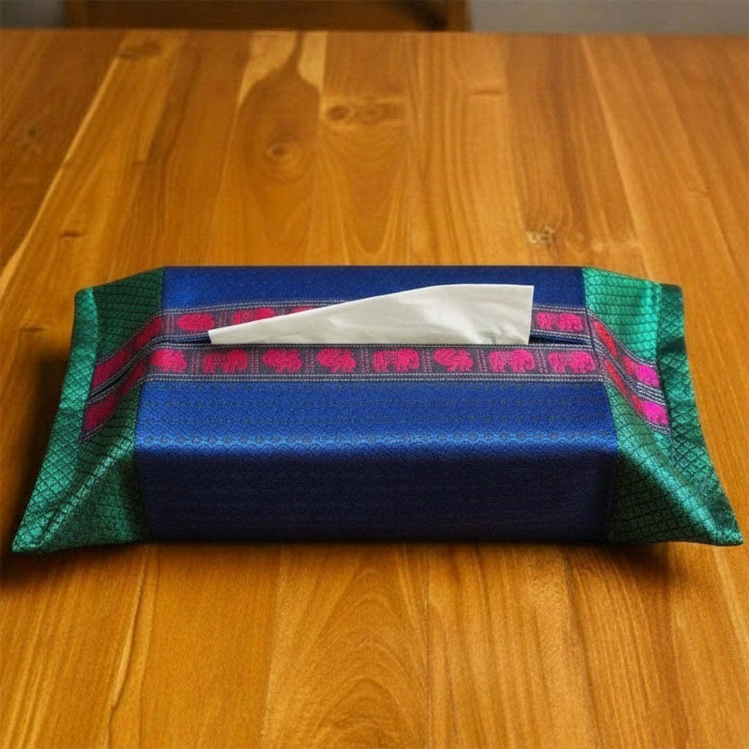 Handmade Blue Elephant & Peacock Motif Khunn Fabric Cotton Tissue Box Cover
