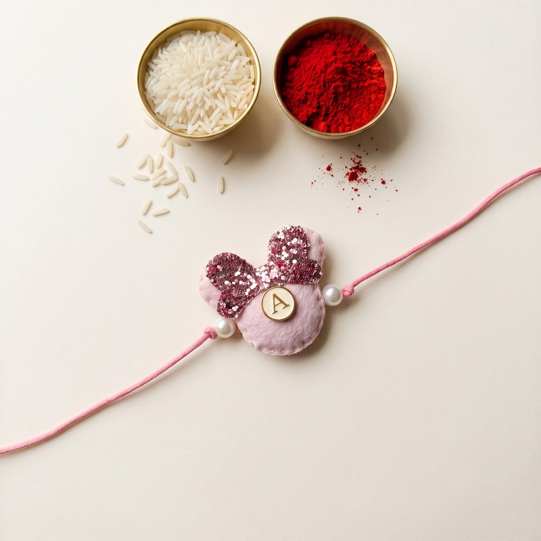 Reusable Handmade Personalised Minnie Mouse Charm Felt & Thread Rakhi With Roli Chawal For Girls