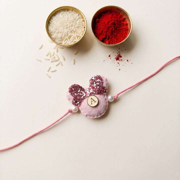 Reusable Handmade Personalised Minnie Mouse Charm Felt & Thread Rakhi With Roli Chawal For Girls