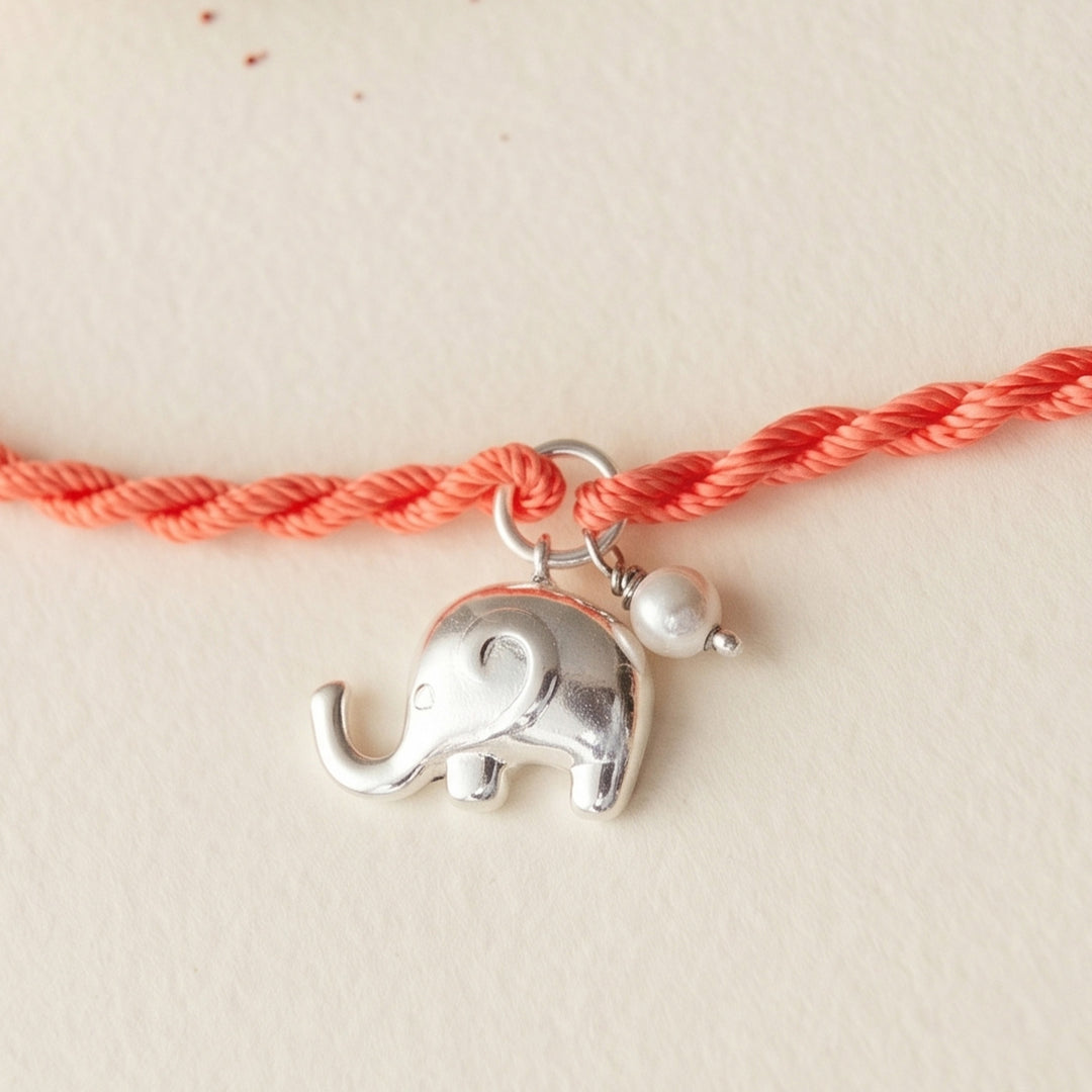 Cute Elephant With Pearl Sterling Silver Charm Rakhi With Roli Chawal For Brother