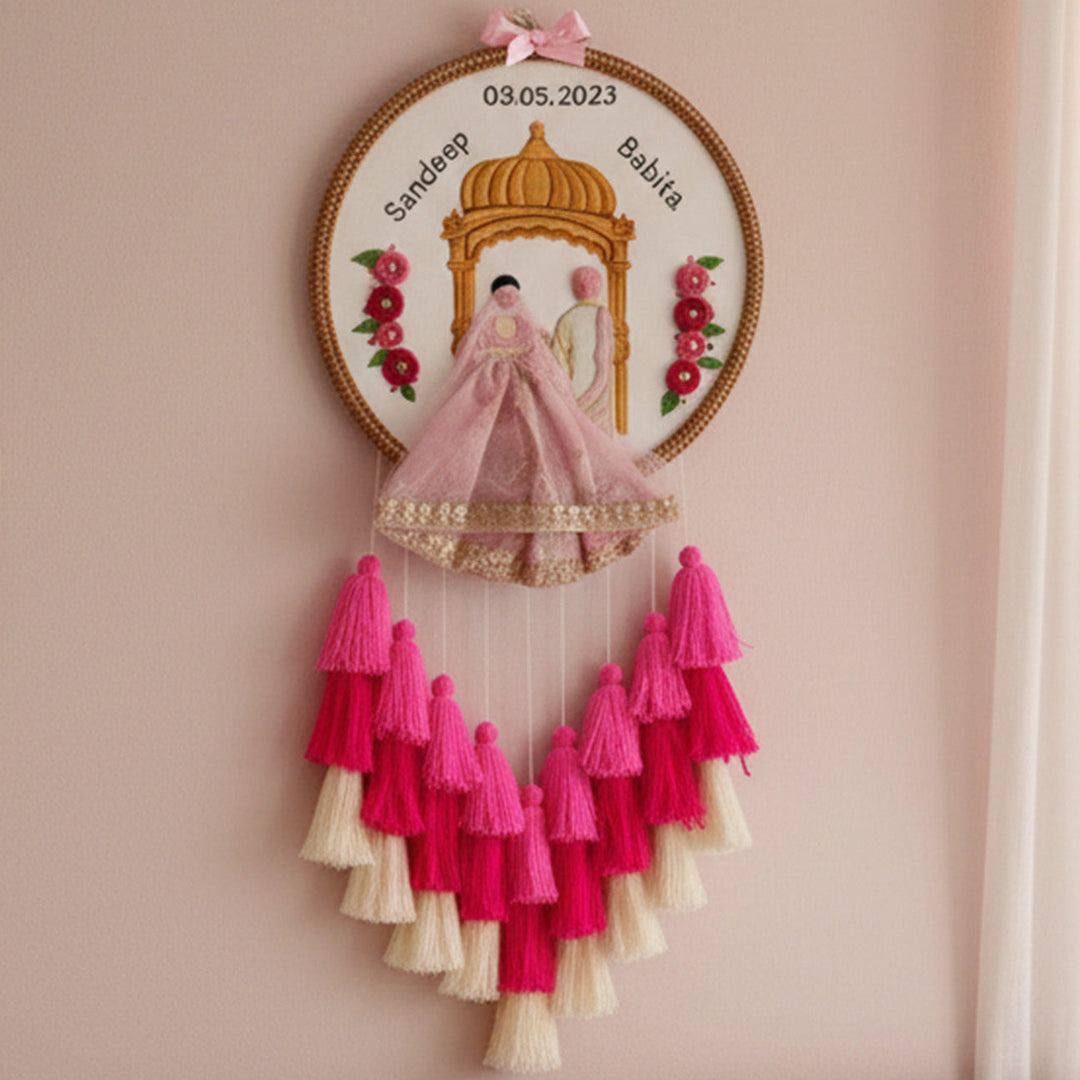 Personalized Embroidered Floral Pink Wedding Plaque With Tassels