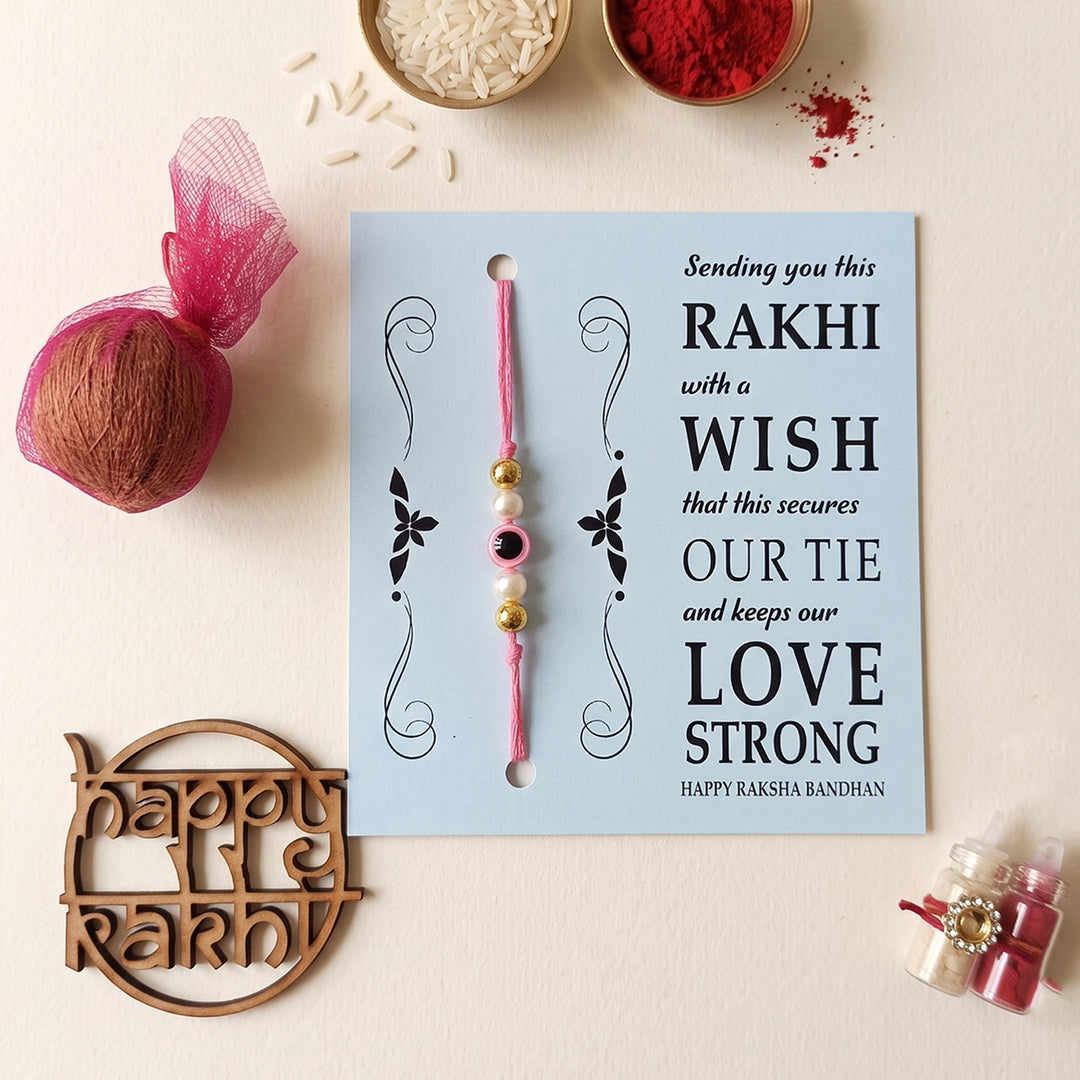 Handmade Evil Eye Pink Premium Agate Rakhi With Roli Chawal, Nariyal And Gift Box For Brother
