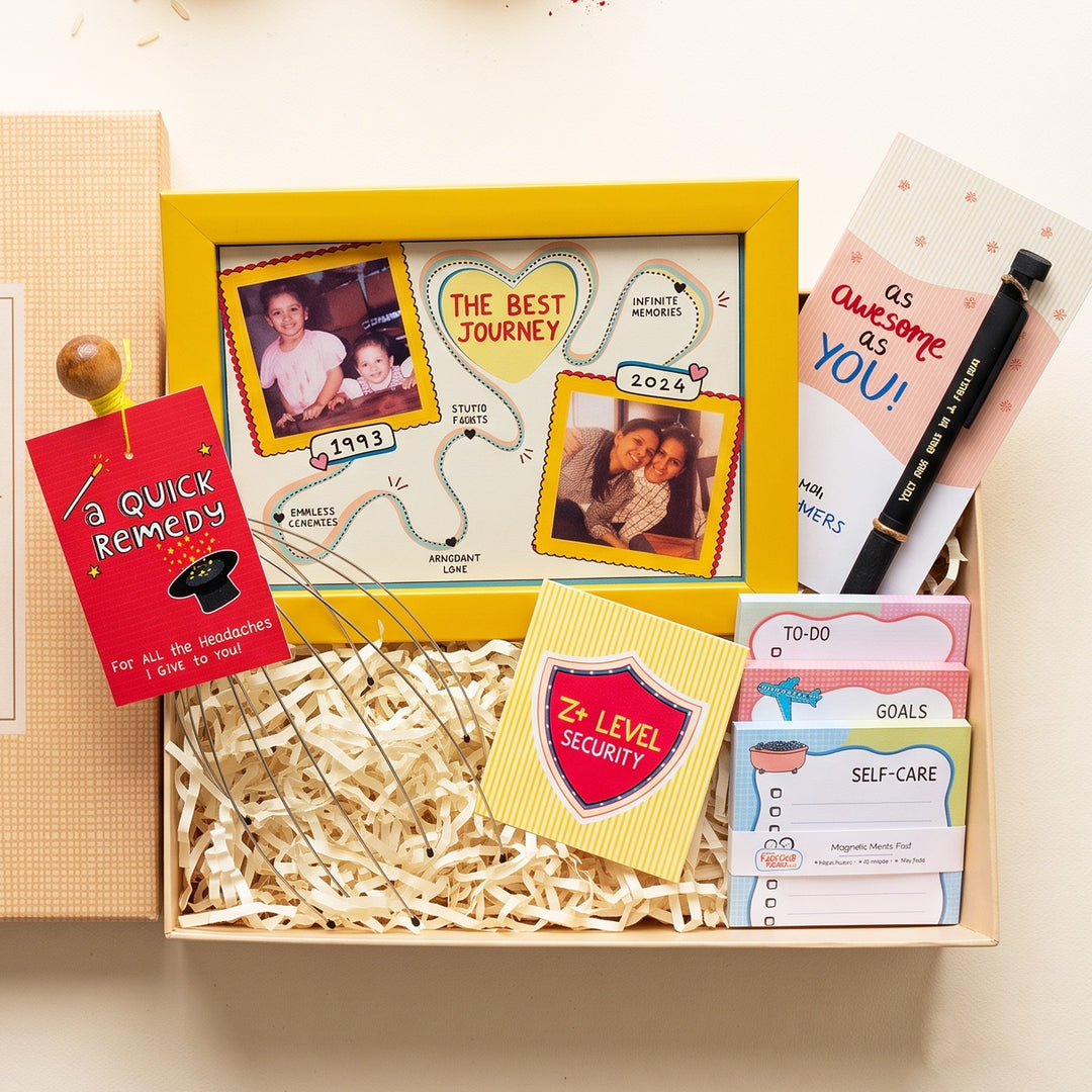 Personalized Time Travel Frame Postcard-Theme Rakhi Gift Hamper | 6-Piece Surprise Box