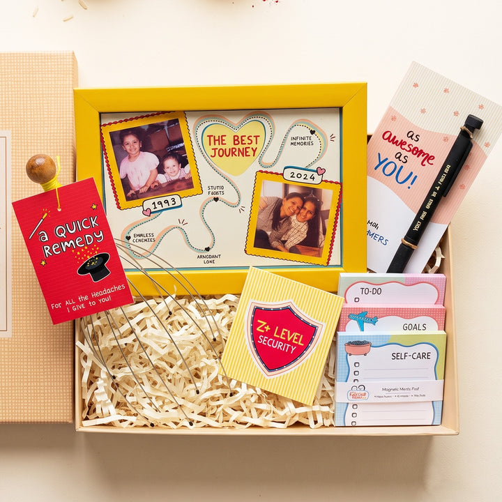 Personalized Time Travel Frame Postcard-Theme Rakhi Gift Hamper | 6-Piece Surprise Box