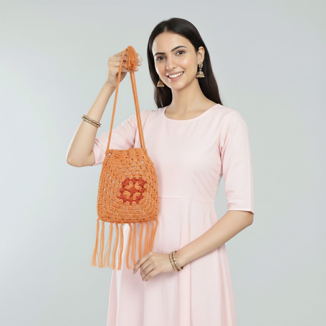 Handmade Crochet Orange Jaali Potli Bag