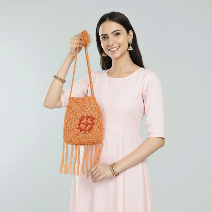 Handmade Crochet Orange Jaali Potli Bag