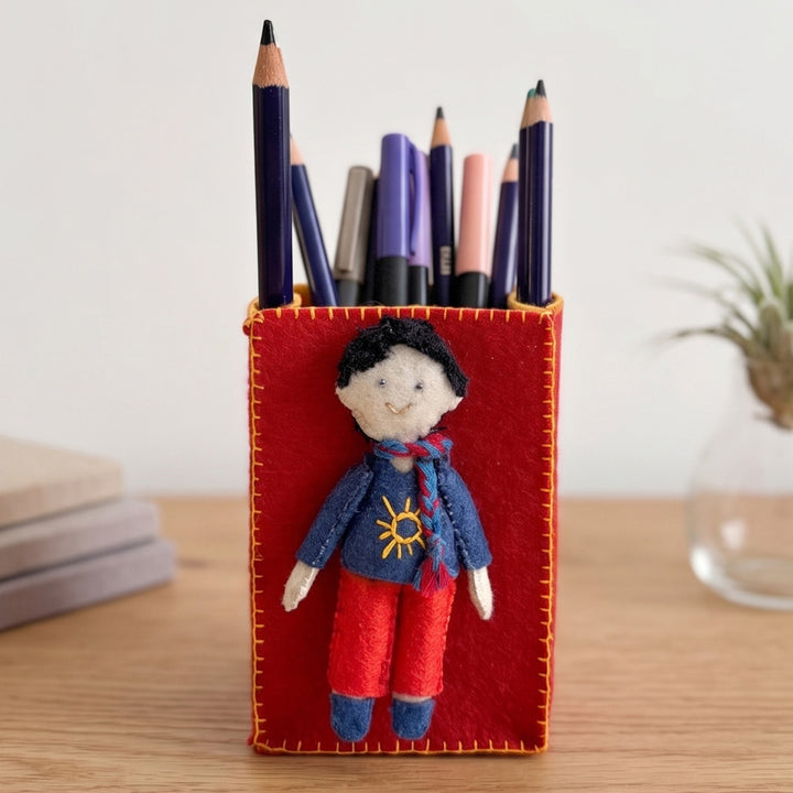 Handmade Maroon & Yellow Pen Stand with Detachable Joy Doll