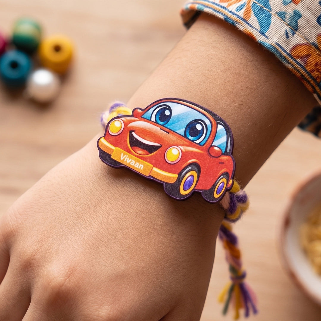 Personalized Reusable Red Car MDF Wood Rakhi With Roli Chawal
