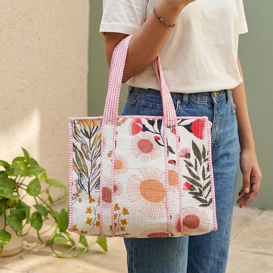 Handmade White Morning Meadows Cotton Tote Bag
