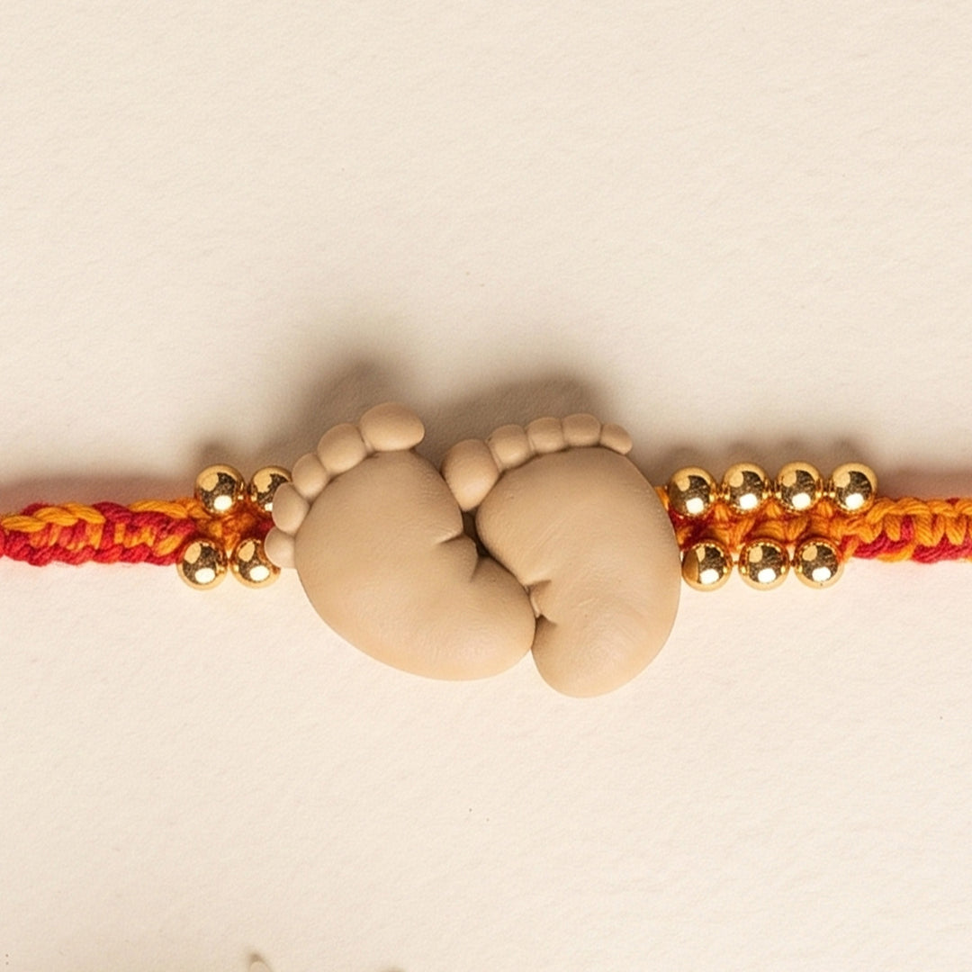 Handmade Baby Feet Charm Polymer Clay Rakhi With Roli Chawal For Newborns