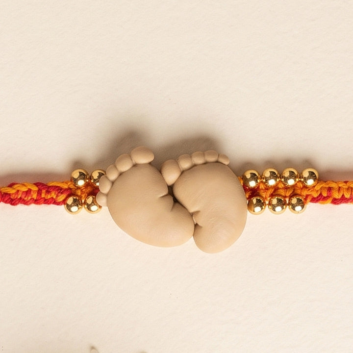 Handmade Baby Feet Charm Polymer Clay Rakhi With Roli Chawal For Newborns