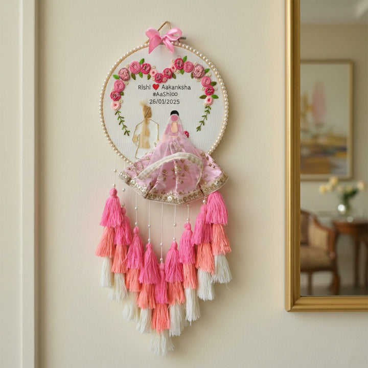 Personalized Embroidered Pastel Pink Wedding Plaque With Tassels