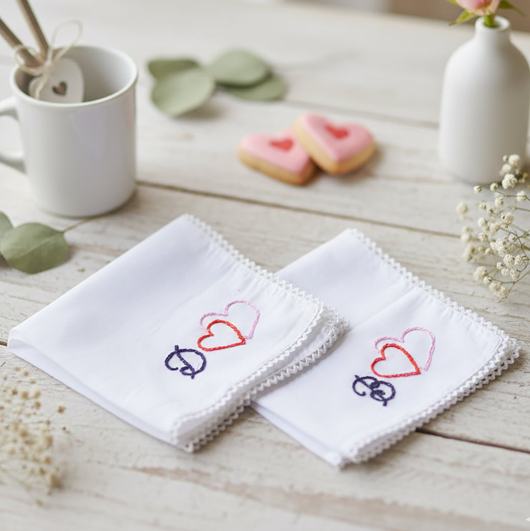 2 Pc | Personalized Hand Embroidered Double Heart Cotton Handkerchief