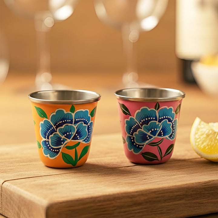 2Pc | Hand-Painted Pink & Yellow Floral Kashmiri Art Stainless Steel Shot Glasses