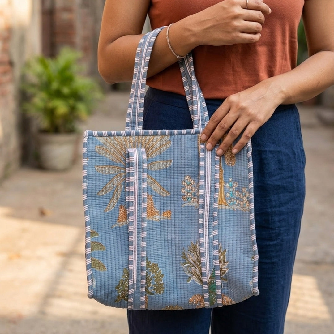 Handmade Grey Sky Palm Cotton Tote Bag