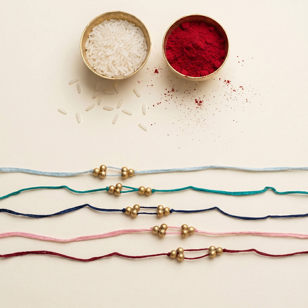 Handmade Golden Beads Simple Rakhi With Roli Chawal For Bhaiya
