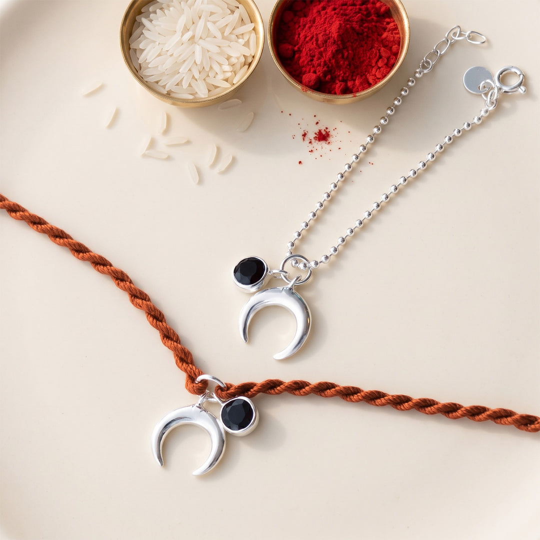 Holistic Charms Sterling Silver Rakhi & Lumba Set With Roli Chawal For Bhaiya Bhabhi | Set of 2