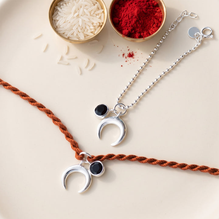 Holistic Charms Sterling Silver Rakhi & Lumba Set With Roli Chawal For Bhaiya Bhabhi | Set of 2
