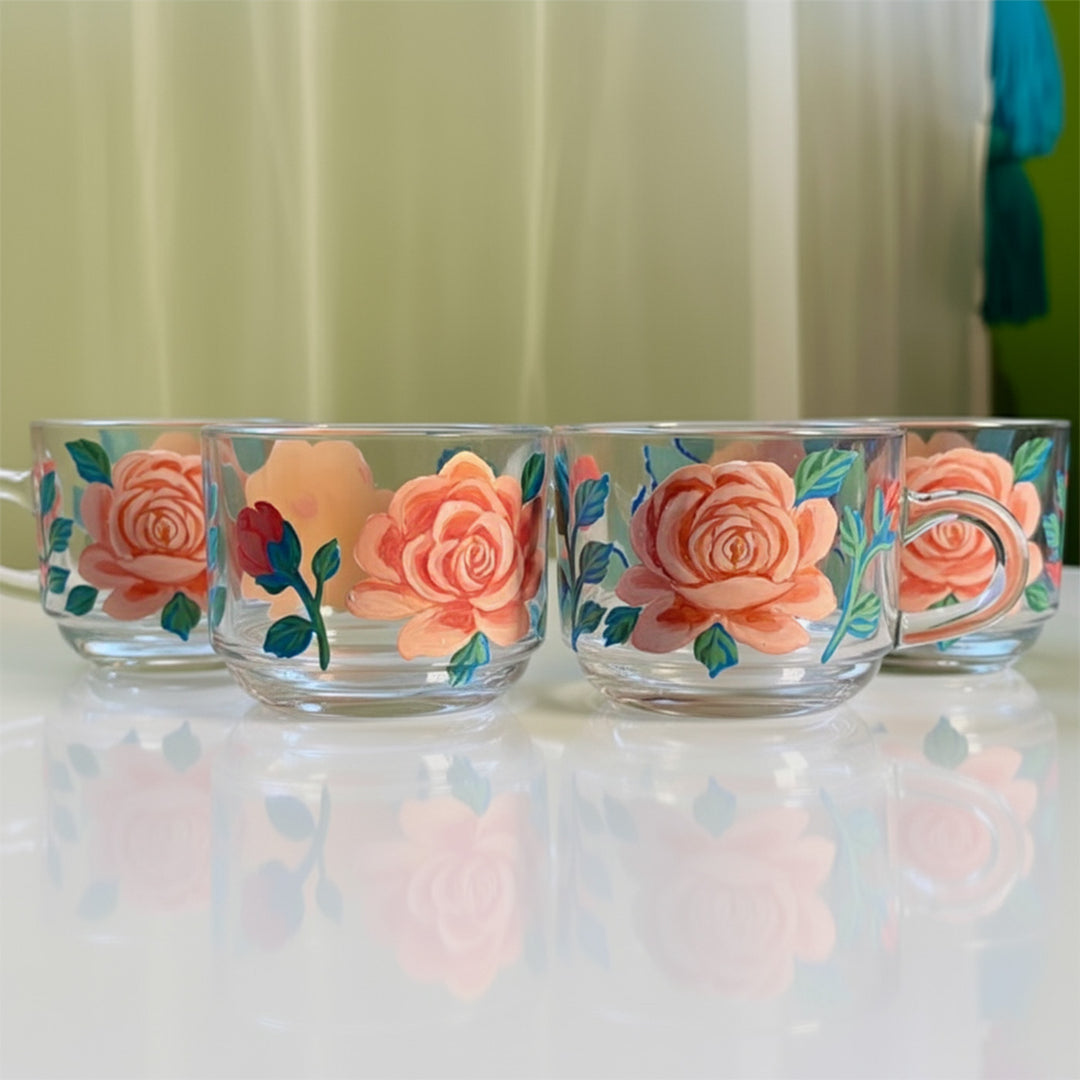 Hand-Painted Peach Roses Glass Tea Cups