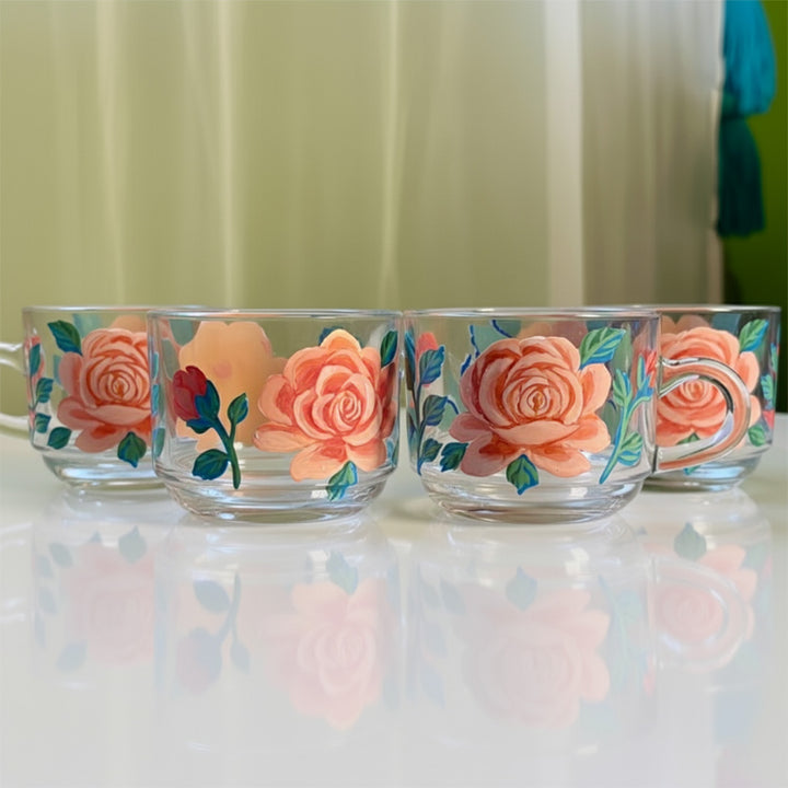 Hand-Painted Peach Roses Glass Tea Cups