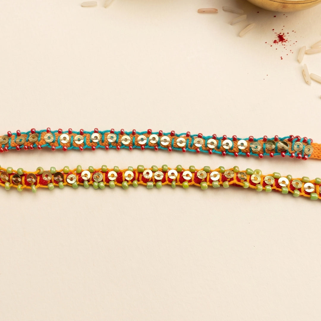 2 Pc | Hand Embroidered Blanket Stitch Rakhis With Roli Chawal For Brother