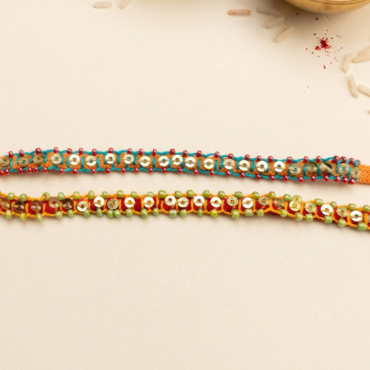 2 Pc | Hand Embroidered Blanket Stitch Rakhis With Roli Chawal For Brother