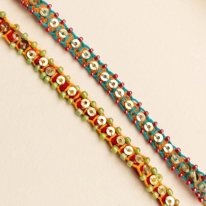 2 Pc | Hand Embroidered Blanket Stitch Rakhis With Roli Chawal For Brother