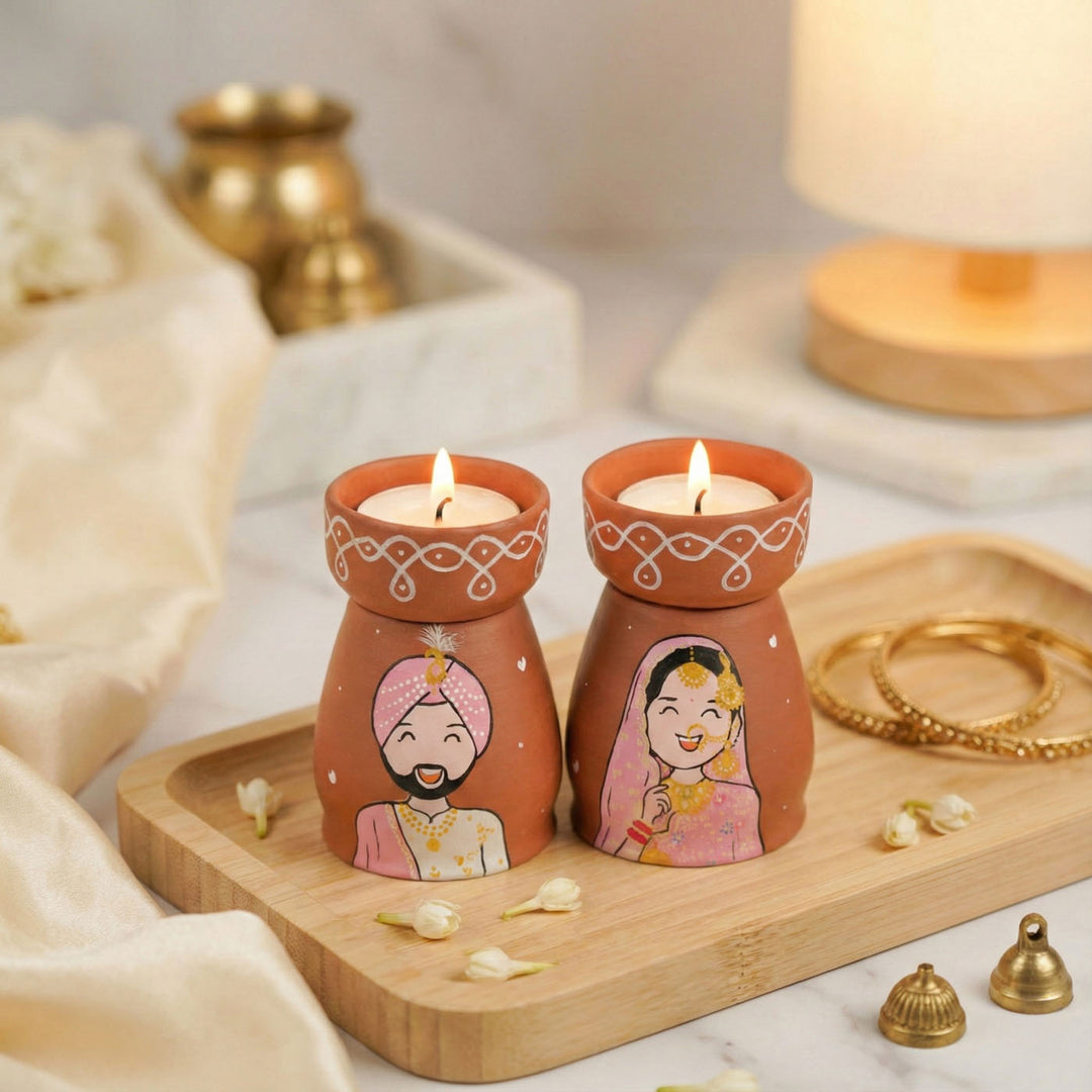 2 Pc | Punjabi Couple Personalized Handpainted Terracotta Tealight Holder