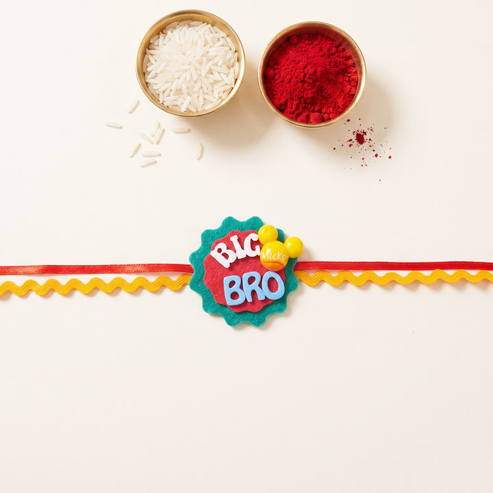 Handmade "Big Bro" Mickey Yellow Theme Felt Kids Rakhi With Roli Chawal For Brother