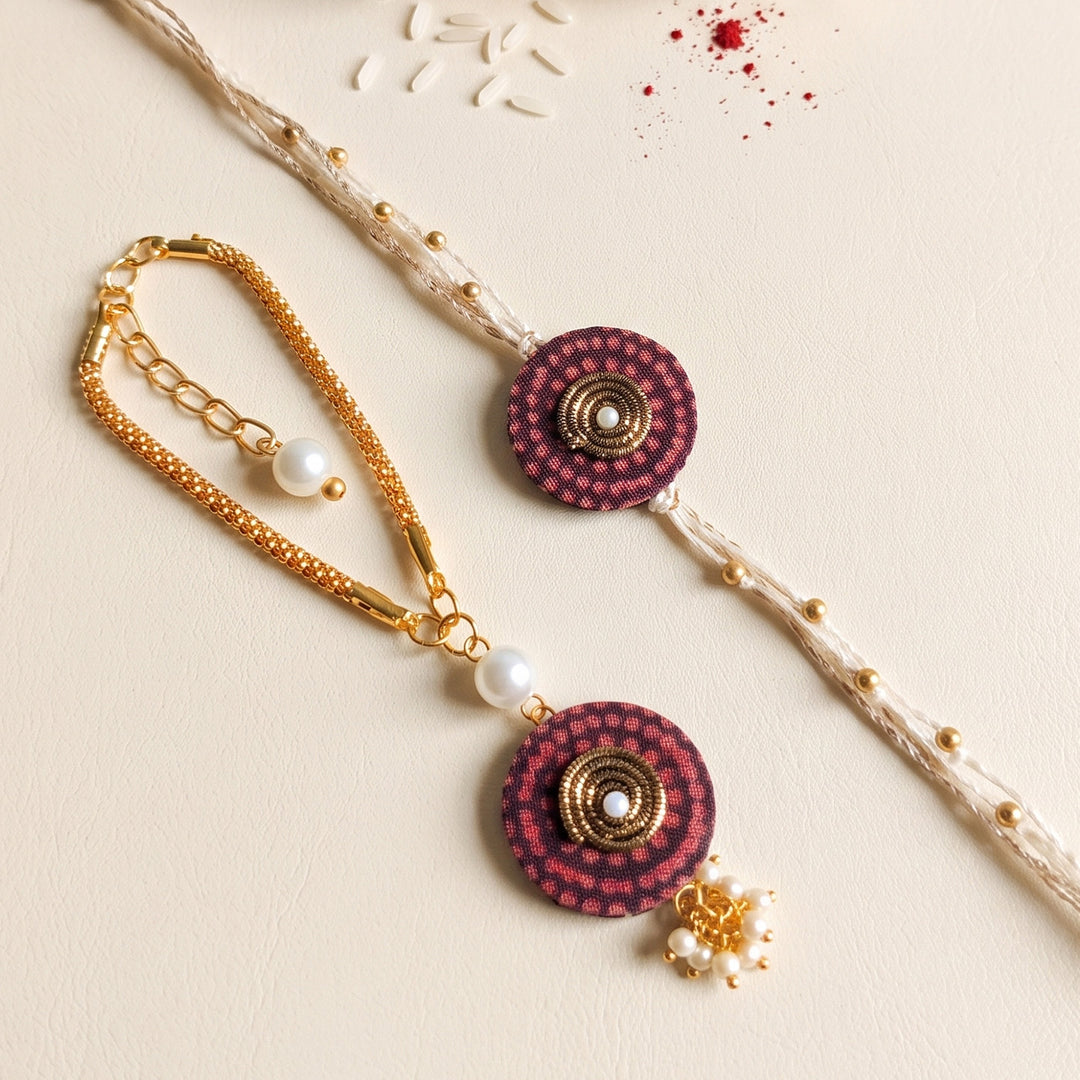 Mudra Ajrakh Block Print Rakhi & Lumba Set With Roli Chawal For Bhaiya Bhabhi | Set of 2
