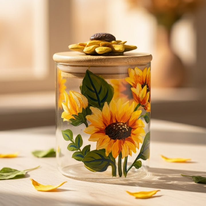 Hand-Painted Sunflower Glass Storage Container