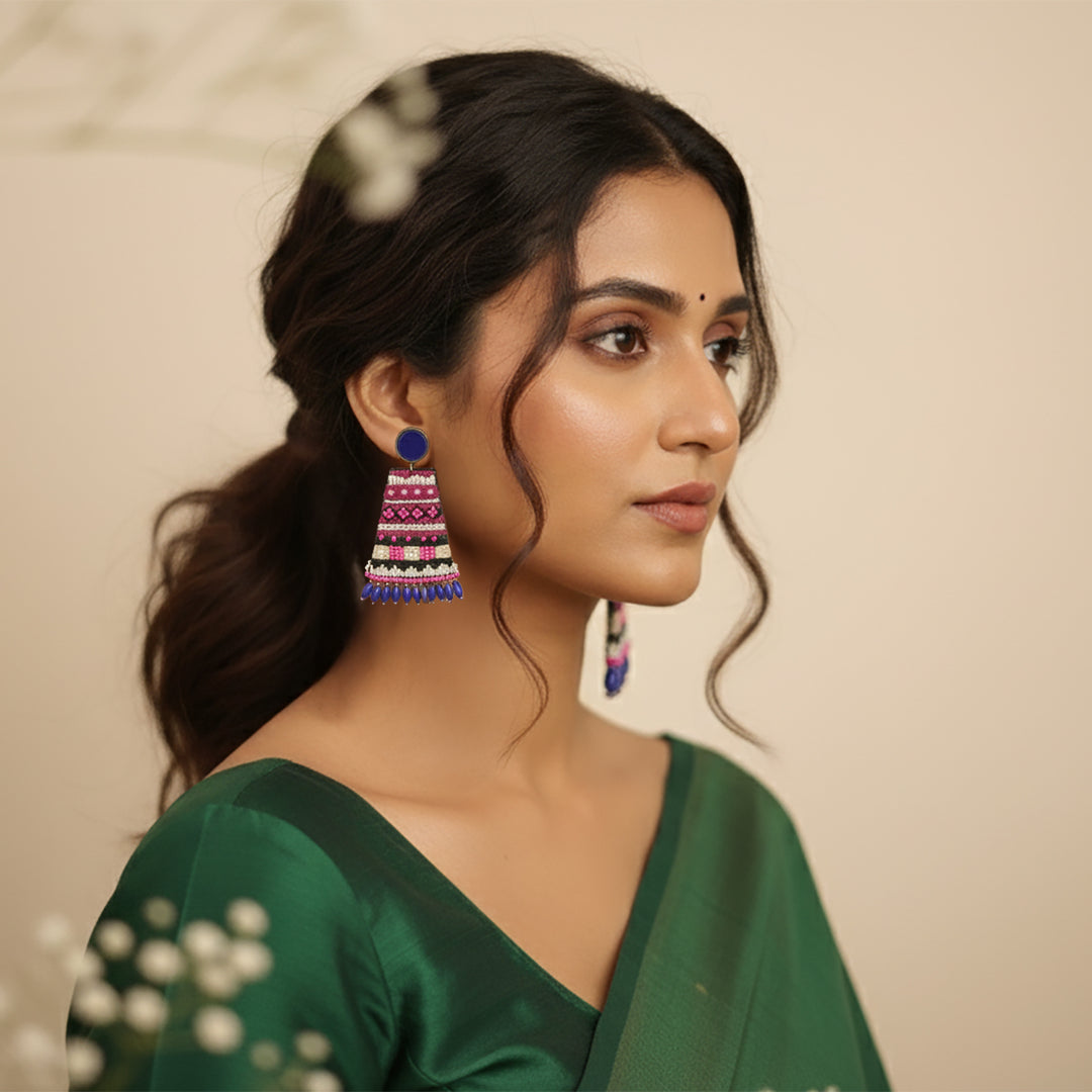 Hand Embroidered Beaded Pink Boho Earrings