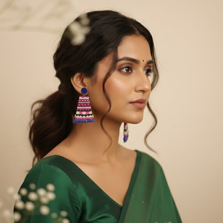 Hand Embroidered Beaded Pink Boho Earrings