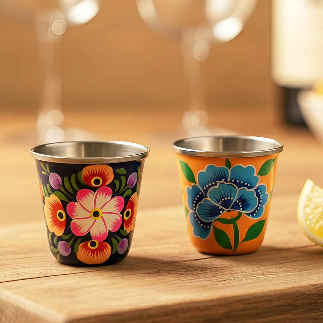 2Pc | Hand-Painted Floral Kashmiri Art Stainless Steel Shot Glasses