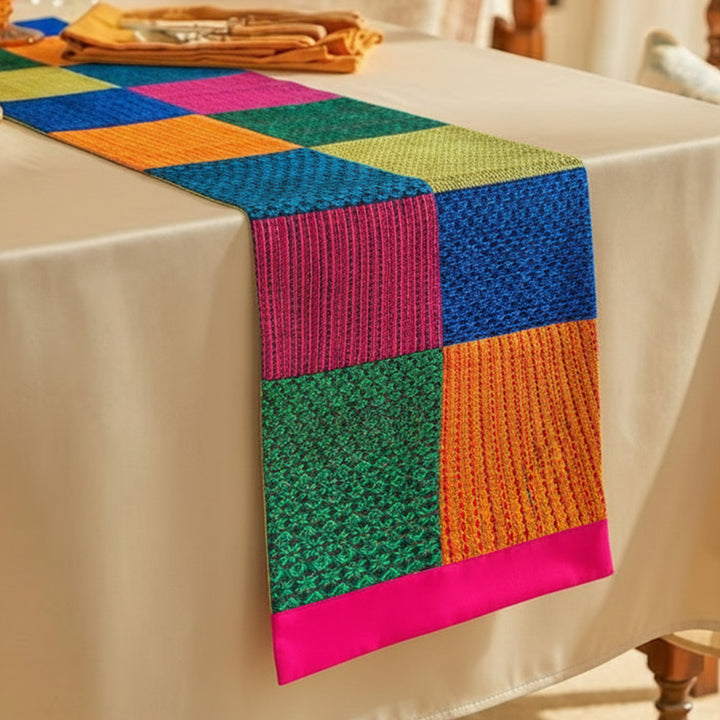 Handmade Colorful Geometry Design Khunn Fabric Cotton Table Runner | 12 x 60 Inch