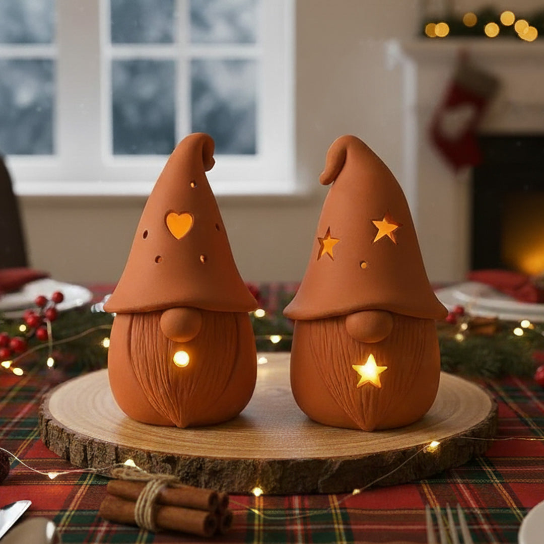 Handmade Gonk Theme Terracotta Tealight Holders For Christmas Decoration | Set Of 2