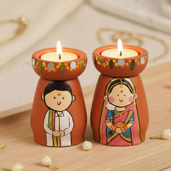 2 Pc | South Indian Couple Handpainted Terracotta Tealight Holders