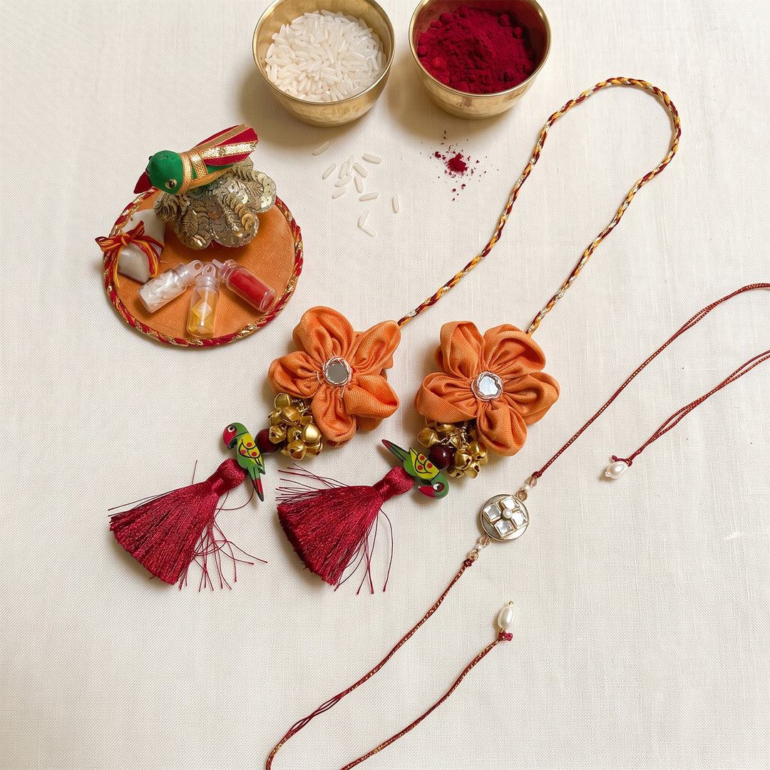 Handmade Moli Thread Couple Rakhi Lumba Set With Roli Chawal For Bhaiya Bhabhi