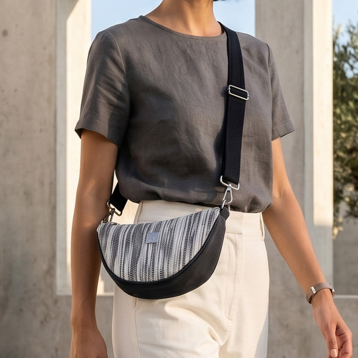 Abstract White and Black Striped Upcycled Plastic Handcrafted Mini Curve Sling Bag