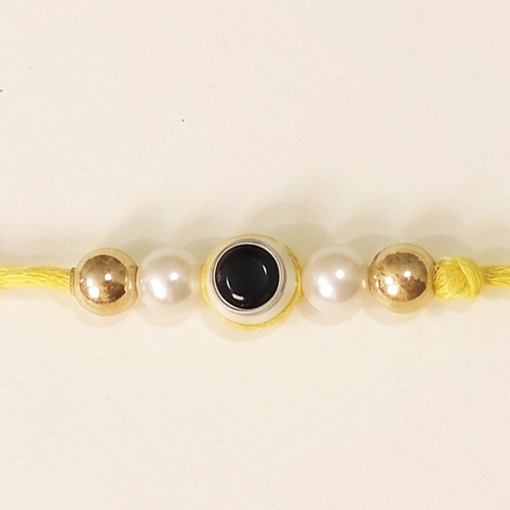 Handmade Evil Eye Yellow Premium Agate Rakhi With Roli Chawal, Nariyal And Gift Box For Brother
