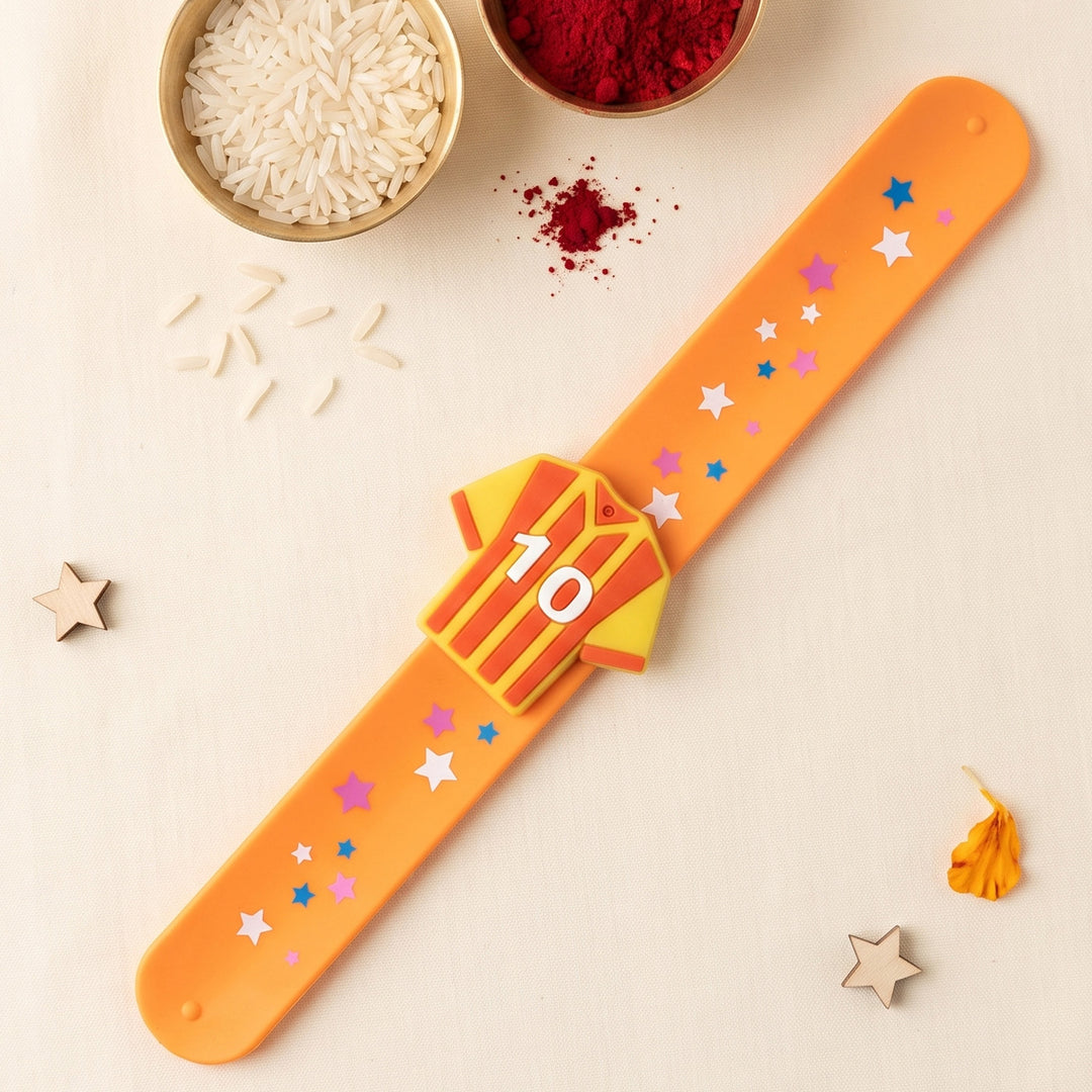 Handmade Football Jersey No.10 Silicone Slap Band Rakhi For Kids With Roli Chawal For Brother