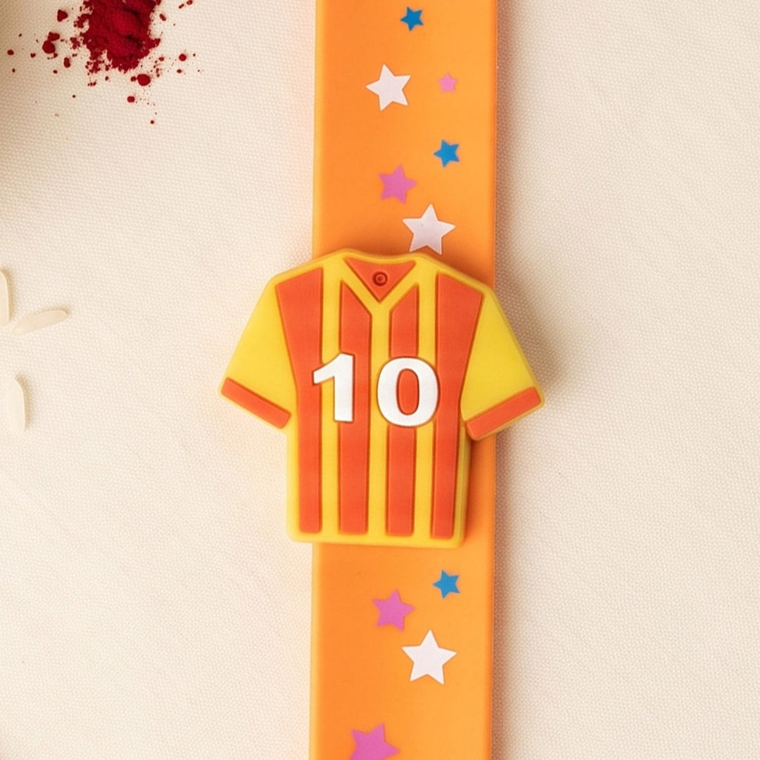 Handmade Football Jersey No.10 Silicone Slap Band Rakhi For Kids With Roli Chawal For Brother